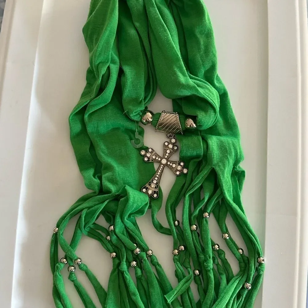 BIG SILVER CROSS GREEN TYE RAG BEADED BELT CLOTH SCARF